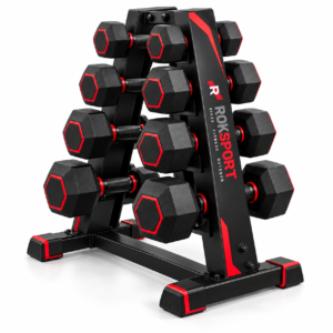 Roksport Rubber Hex Dumbbell Set 5-25 lb with Rack